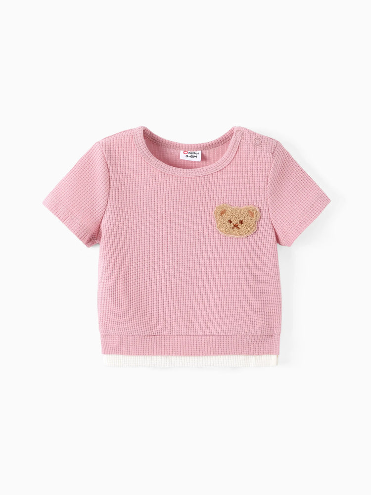 Conjunto de 2 piezas de camiseta y pantalones cortos con bordado de oso para bebé/niña pequeña, color rosa