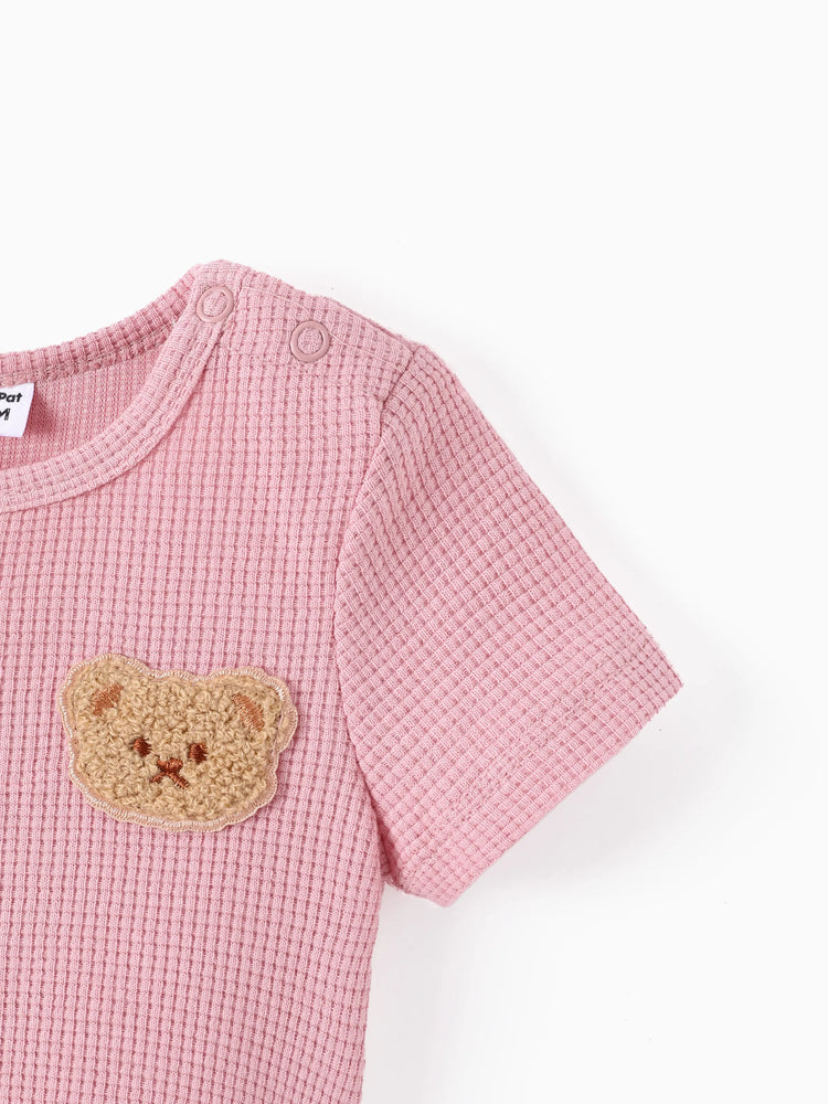 Conjunto de 2 piezas de camiseta y pantalones cortos con bordado de oso para bebé/niña pequeña, color rosa