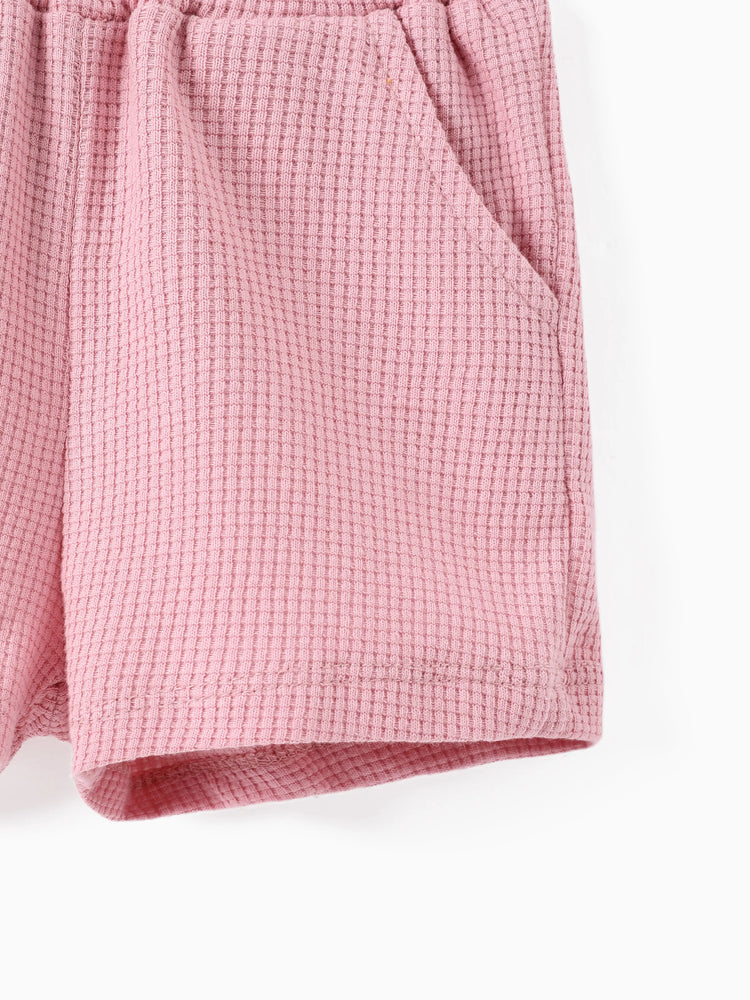 Conjunto de 2 piezas de camiseta y pantalones cortos con bordado de oso para bebé/niña pequeña, color rosa