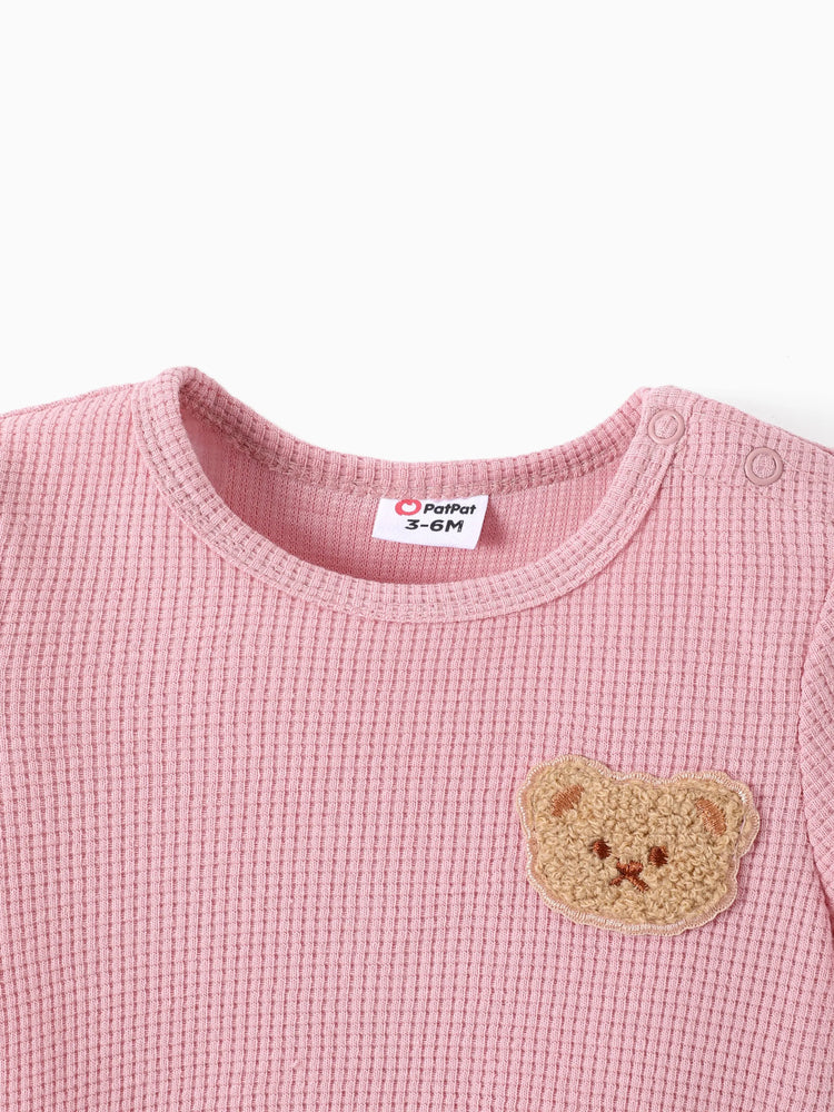 Conjunto de 2 piezas de camiseta y pantalones cortos con bordado de oso para bebé/niña pequeña, color rosa