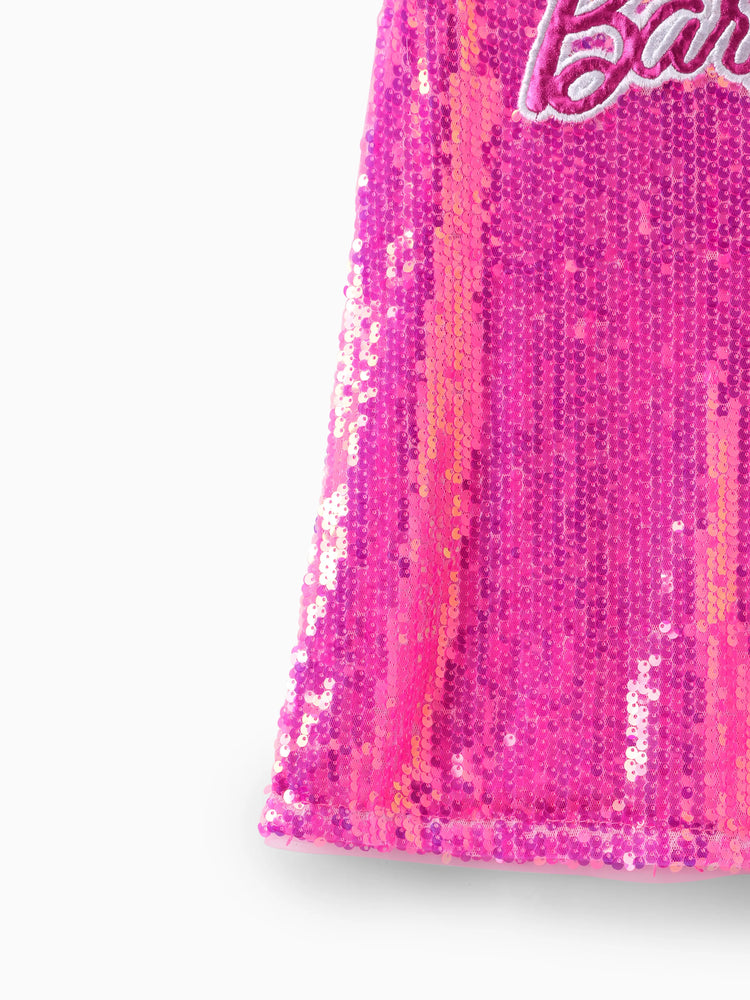 Barbie Toddler/Kid Girl Classic Barbie Letter Print Sequins Flutter-sleeve Dress Roseo