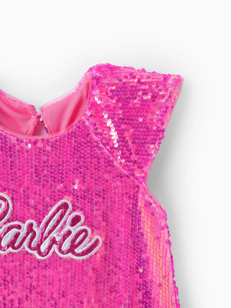 Barbie Toddler/Kid Girl Classic Barbie Letter Print Sequins Flutter-sleeve Dress Roseo