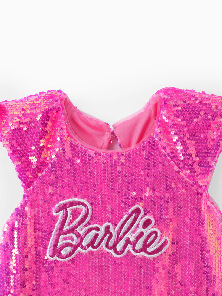 Barbie Toddler/Kid Girl Classic Barbie Letter Print Sequins Flutter-sleeve Dress Roseo