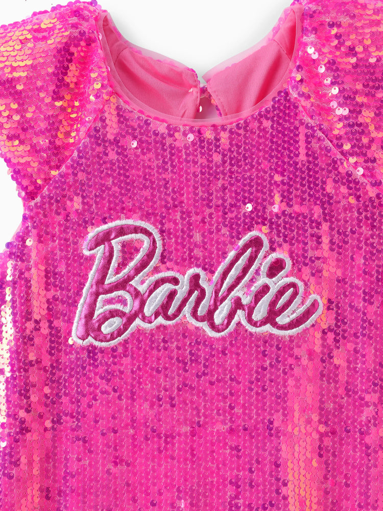 Barbie Toddler/Kid Girl Classic Barbie Letter Print Sequins Flutter-sleeve Dress Roseo