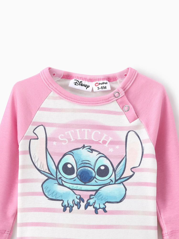 Disney Stitch Baby Girl 2pcs Naia? Character Striped Print Long-sleeve Romper with Pants Set Pink