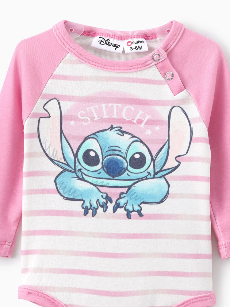 Disney Stitch Baby Girl 2pcs Naia? Character Striped Print Long-sleeve Romper with Pants Set Pink