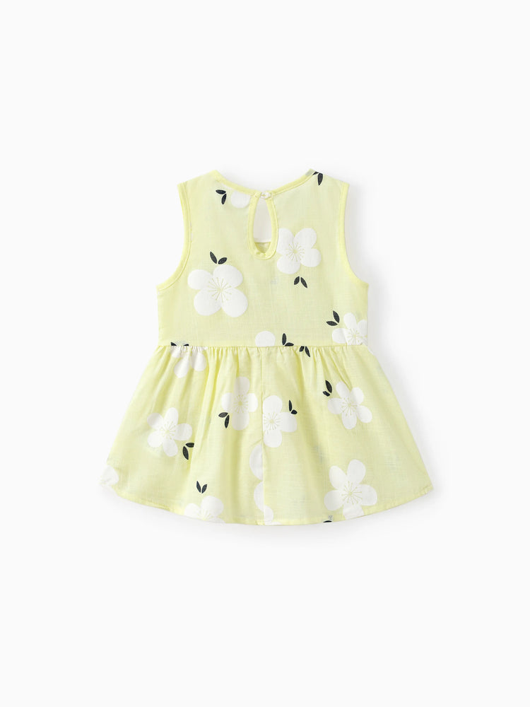 Baby Girl Clothing 100% Cotton Peter Pan Collar Floral Print Tank Dress Yellow
