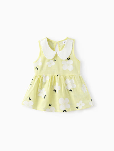 Baby Girl Clothing 100% Cotton Peter Pan Collar Floral Print Tank Dress Yellow