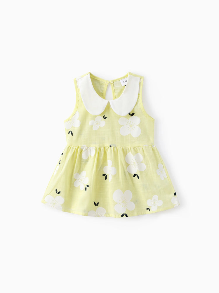 Baby Girl Clothing 100% Cotton Peter Pan Collar Floral Print Tank Dress Yellow