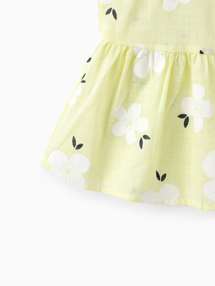 Baby Girl Clothing 100% Cotton Peter Pan Collar Floral Print Tank Dress Yellow