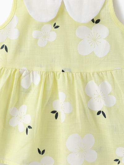 Baby Girl Clothing 100% Cotton Peter Pan Collar Floral Print Tank Dress Yellow