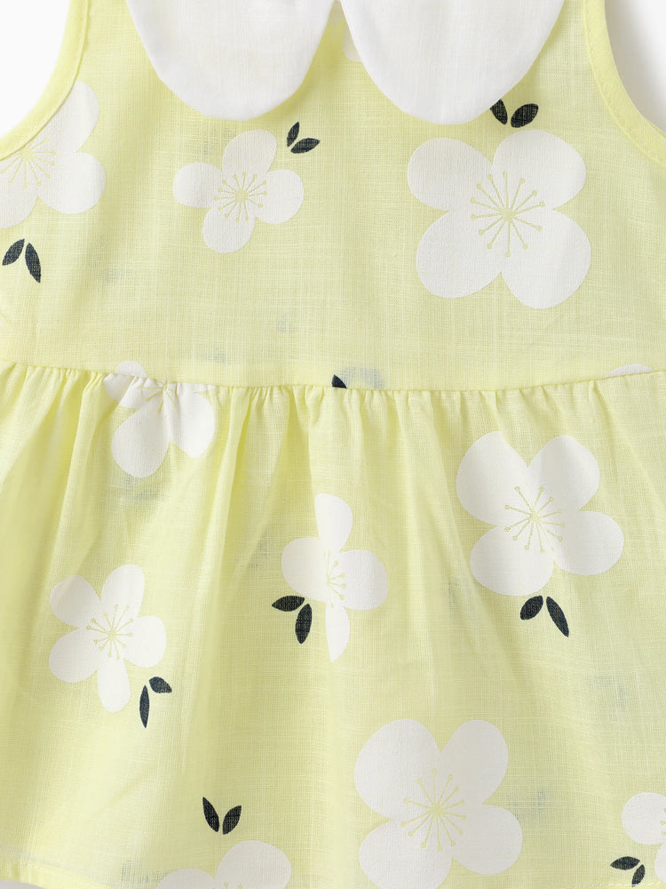 Baby Girl Clothing 100% Cotton Peter Pan Collar Floral Print Tank Dress Yellow