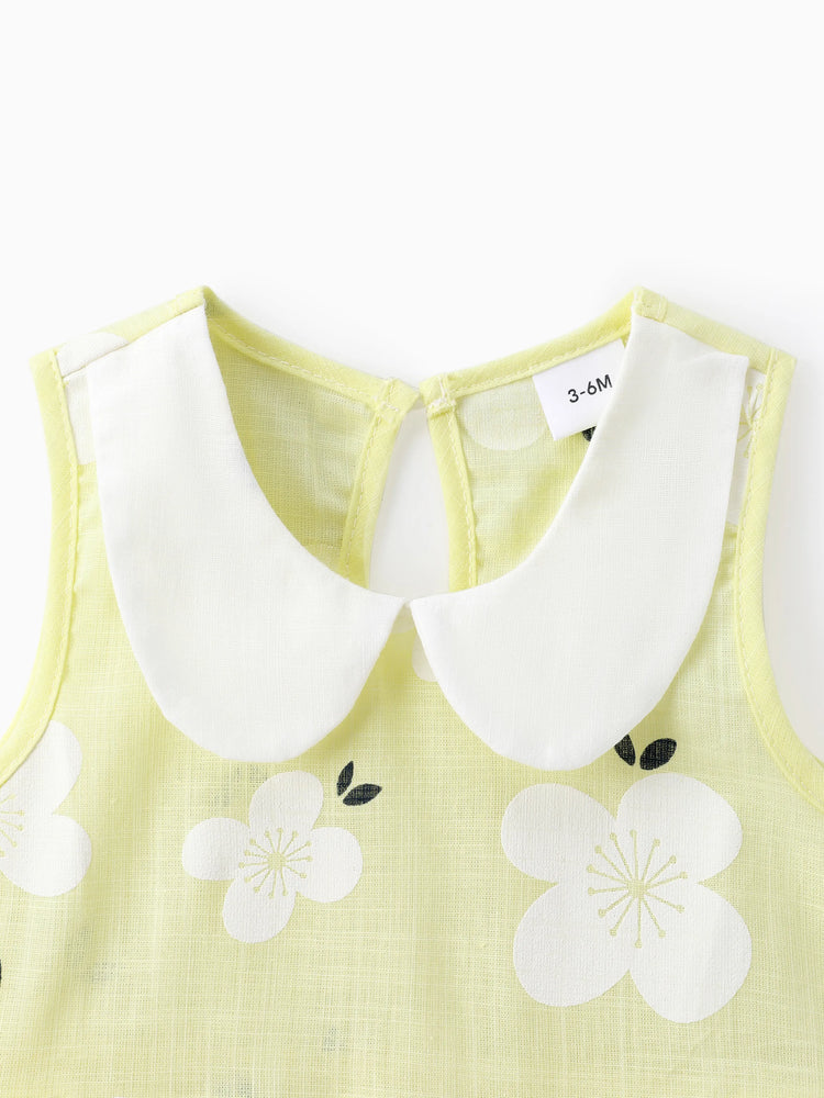 Baby Girl Clothing 100% Cotton Peter Pan Collar Floral Print Tank Dress Yellow