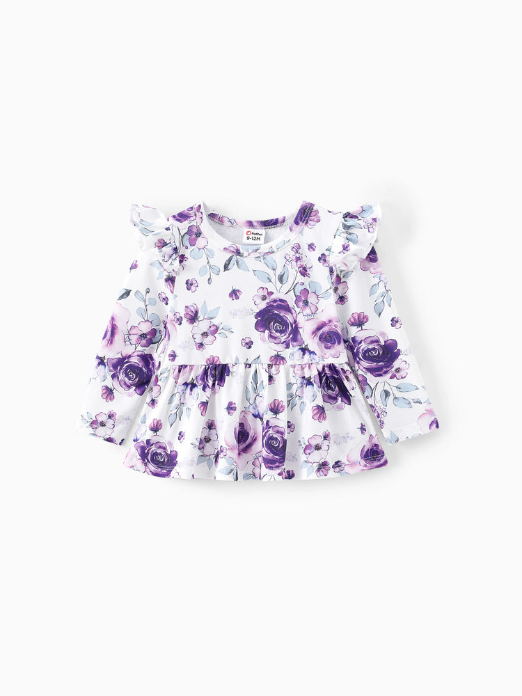 Ensemble 2 pièces pour bébé fille, joli ensemble à manches flottantes et grandes fleurs
 Violet clair