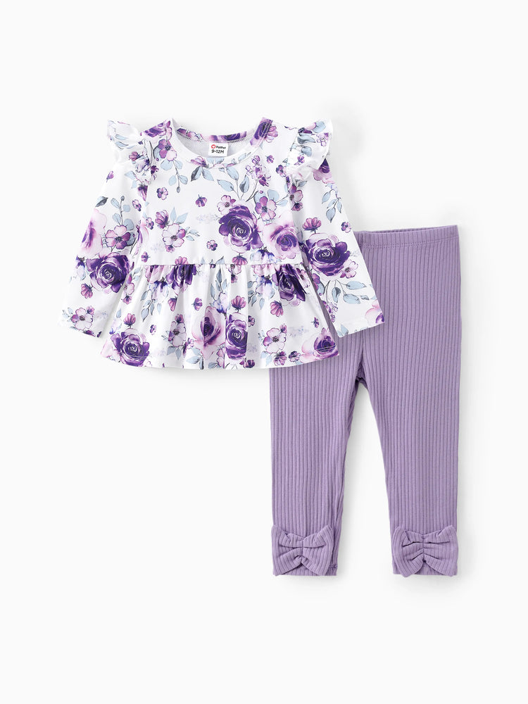 Ensemble 2 pièces pour bébé fille, joli ensemble à manches flottantes et grandes fleurs
 Violet clair