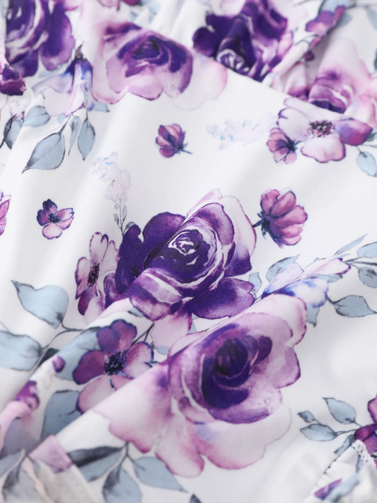 Ensemble 2 pièces pour bébé fille, joli ensemble à manches flottantes et grandes fleurs
 Violet clair