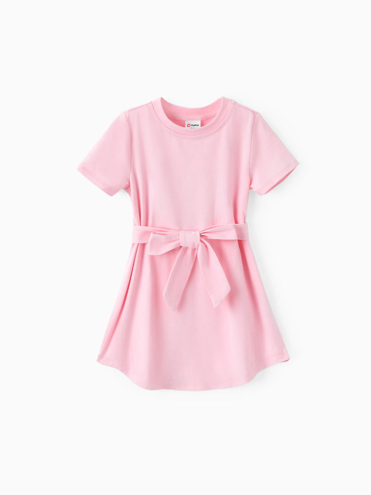 Toddler Girl Solid Curved Hem Short-sleeve Belted Dress Light Pink