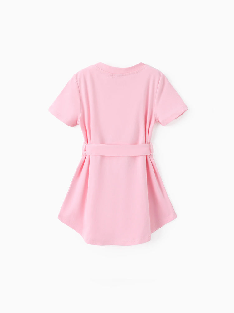 Toddler Girl Solid Curved Hem Short-sleeve Belted Dress Light Pink