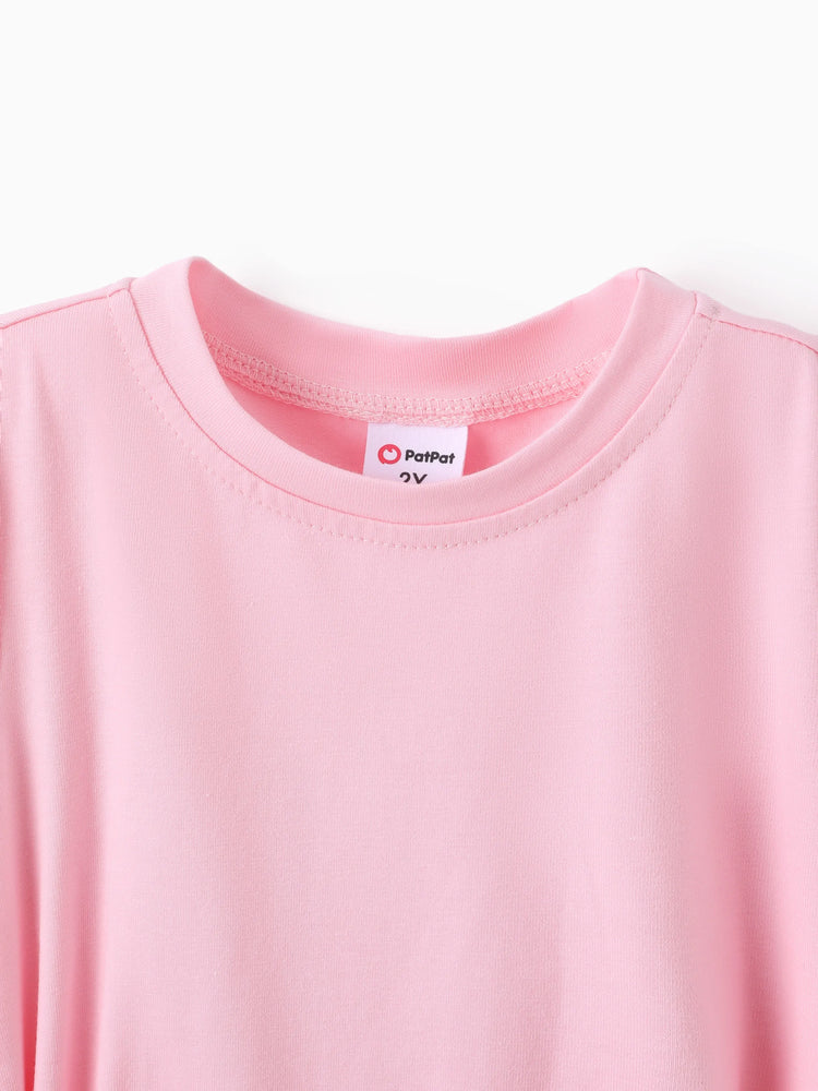 Toddler Girl Solid Curved Hem Short-sleeve Belted Dress Light Pink