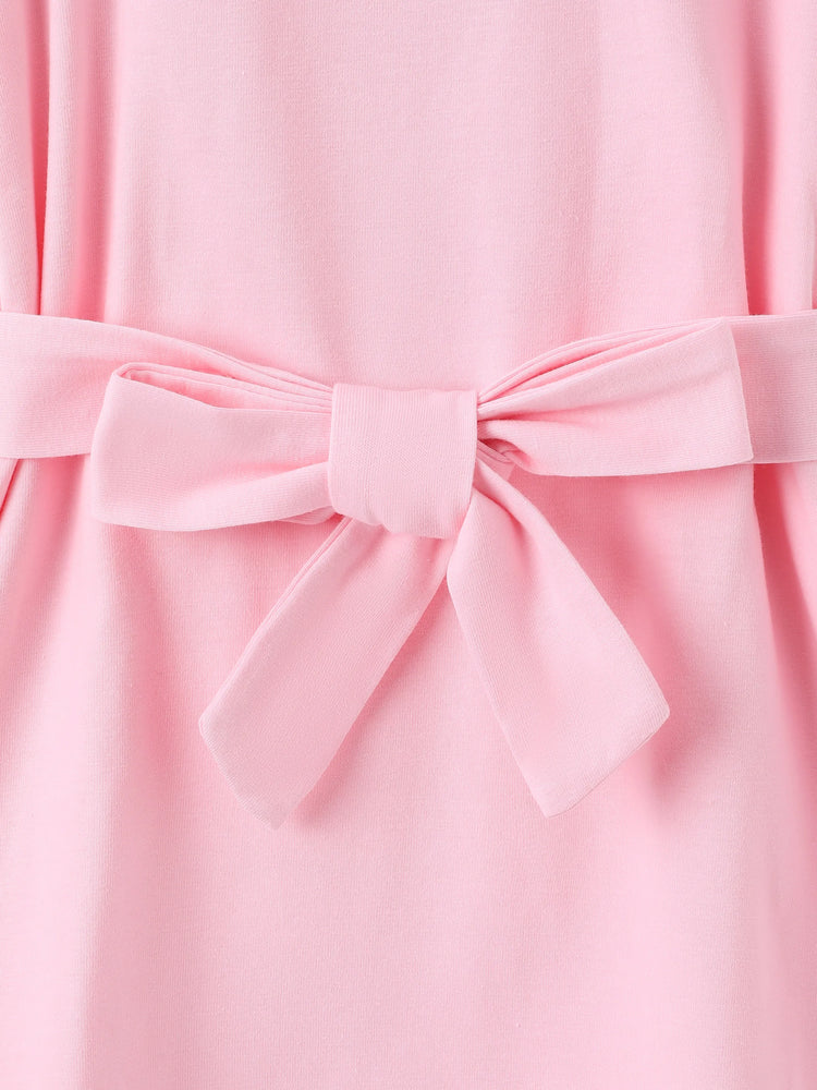 Toddler Girl Solid Curved Hem Short-sleeve Belted Dress Light Pink