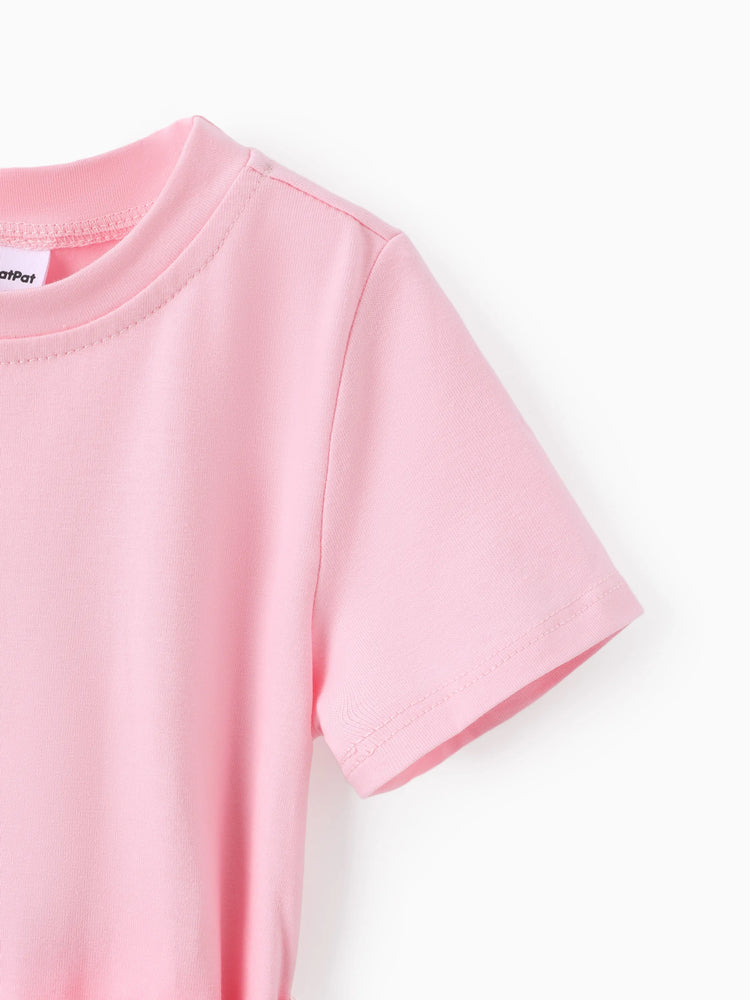 Toddler Girl Solid Curved Hem Short-sleeve Belted Dress Light Pink