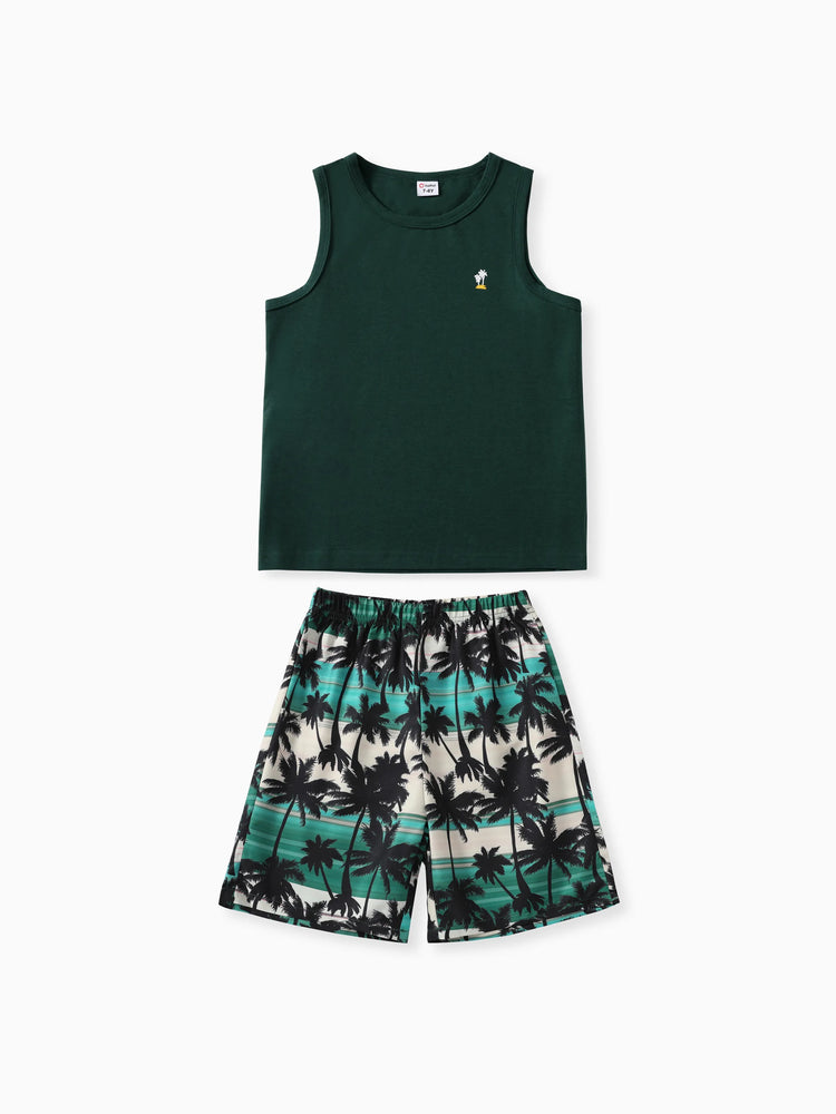 Ensemble 2 pièces à imprimé floral tropical pour garçon, mélange polyester-élasthanne, vert