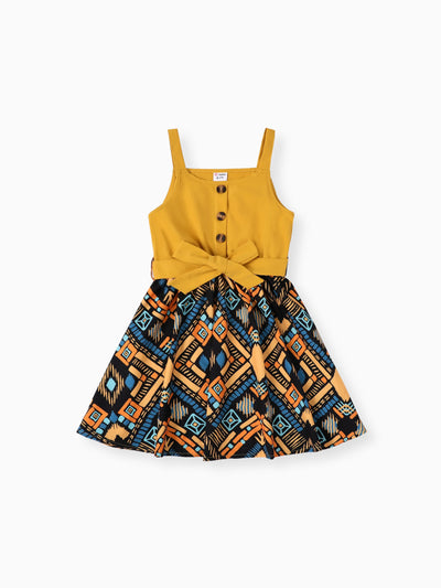 Kid Girl Bohemia Ethnic Print Colorblock Dress Yellow
