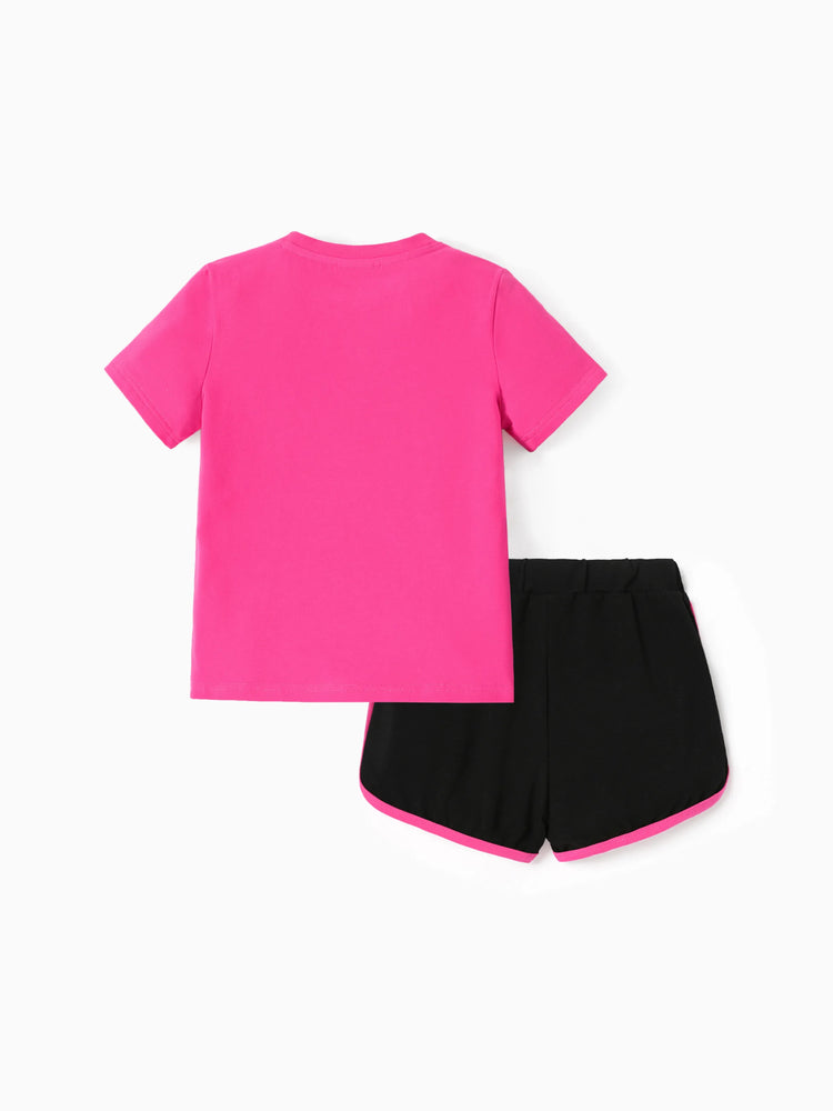 Conjunto de 2 piezas de camiseta de algodón y pantalones cortos elásticos con estampado de corazón de Skye para niña pequeña de la Patrulla Canina Roseo