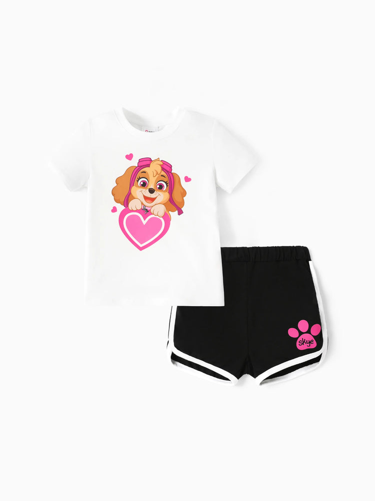 PAW Patrol Toddler Girl 2pcs Skye Heart Print Cotton Tee and Elasticized Shorts Set White