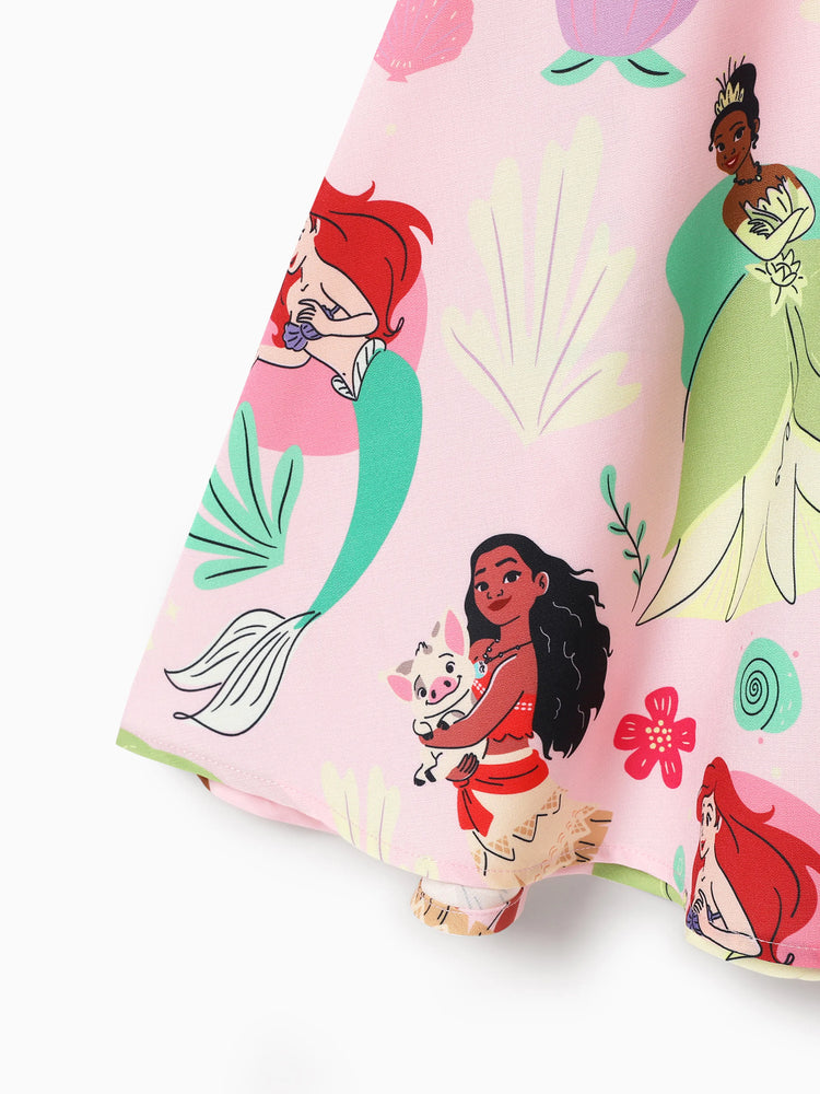 Disney Princess Mommy and Me Moana/Tiana Character and Floral Allover Print Dress Pink