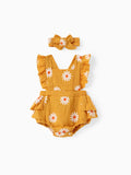 Ensemble 2 pièces en crêpe 100 % coton imprimé marguerites pour bébé, couleur gingembre