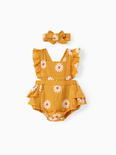 Ensemble 2 pièces en crêpe 100 % coton imprimé marguerites pour bébé, couleur gingembre