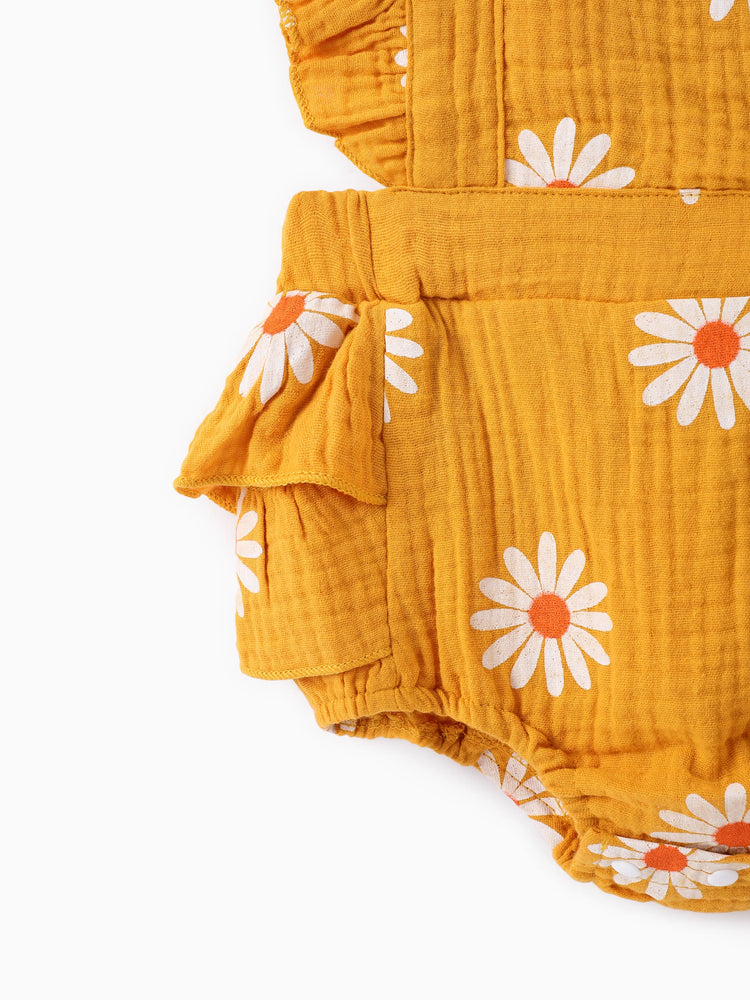 Ensemble 2 pièces en crêpe 100 % coton imprimé marguerites pour bébé, couleur gingembre