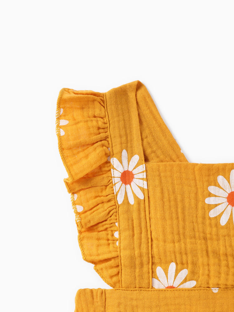 Ensemble 2 pièces en crêpe 100 % coton imprimé marguerites pour bébé, couleur gingembre