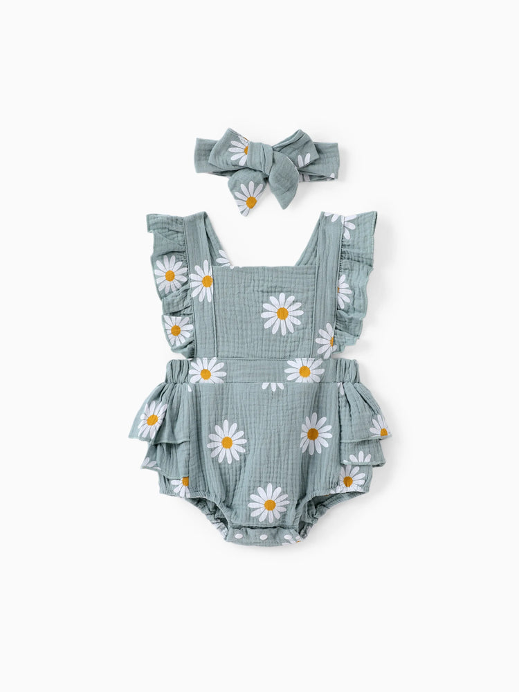 Ensemble 2 pièces en crêpe 100 % coton imprimé marguerites pour bébé, gris bleuté