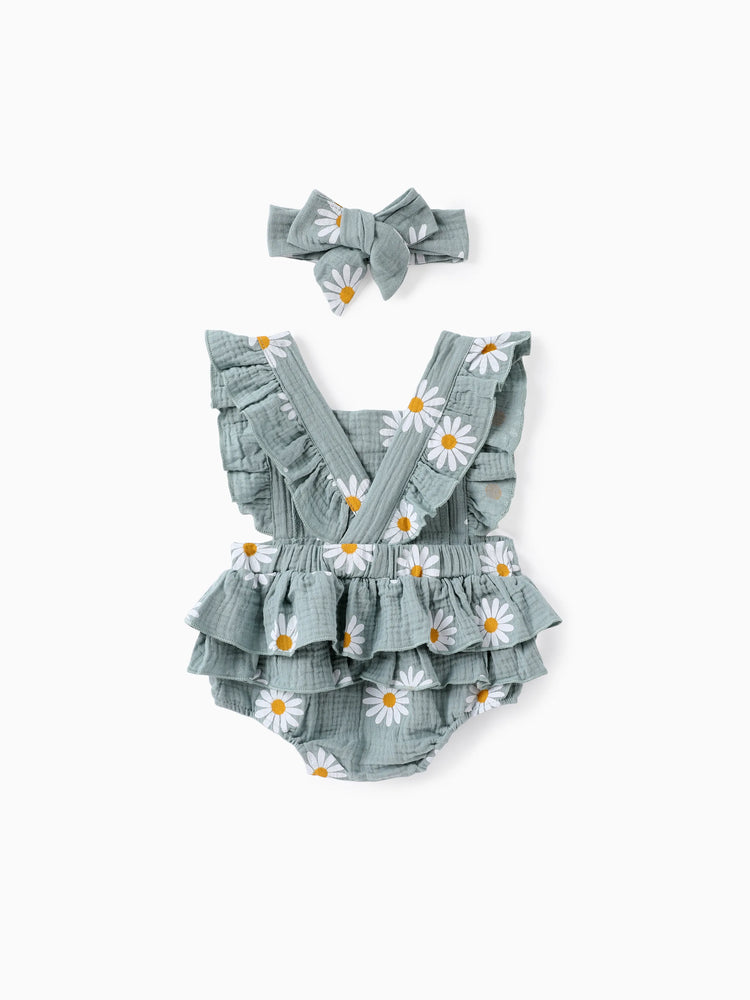 Ensemble 2 pièces en crêpe 100 % coton imprimé marguerites pour bébé, gris bleuté