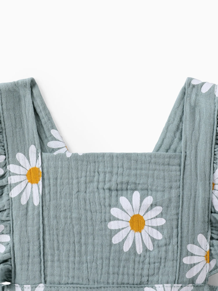 Ensemble 2 pièces en crêpe 100 % coton imprimé marguerites pour bébé, gris bleuté