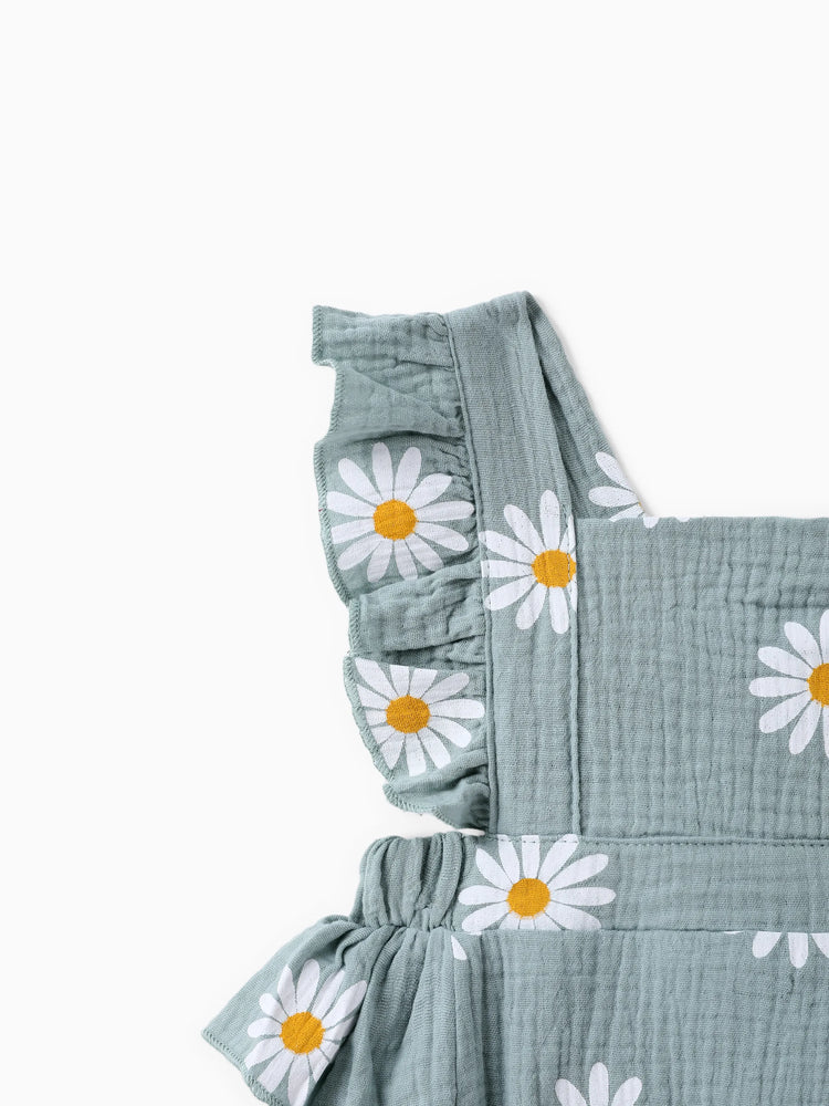 Ensemble 2 pièces en crêpe 100 % coton imprimé marguerites pour bébé, gris bleuté