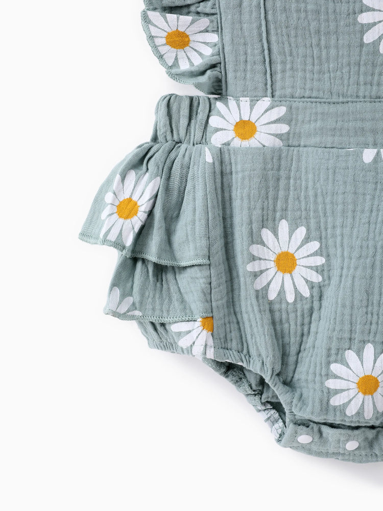 Ensemble 2 pièces en crêpe 100 % coton imprimé marguerites pour bébé, gris bleuté