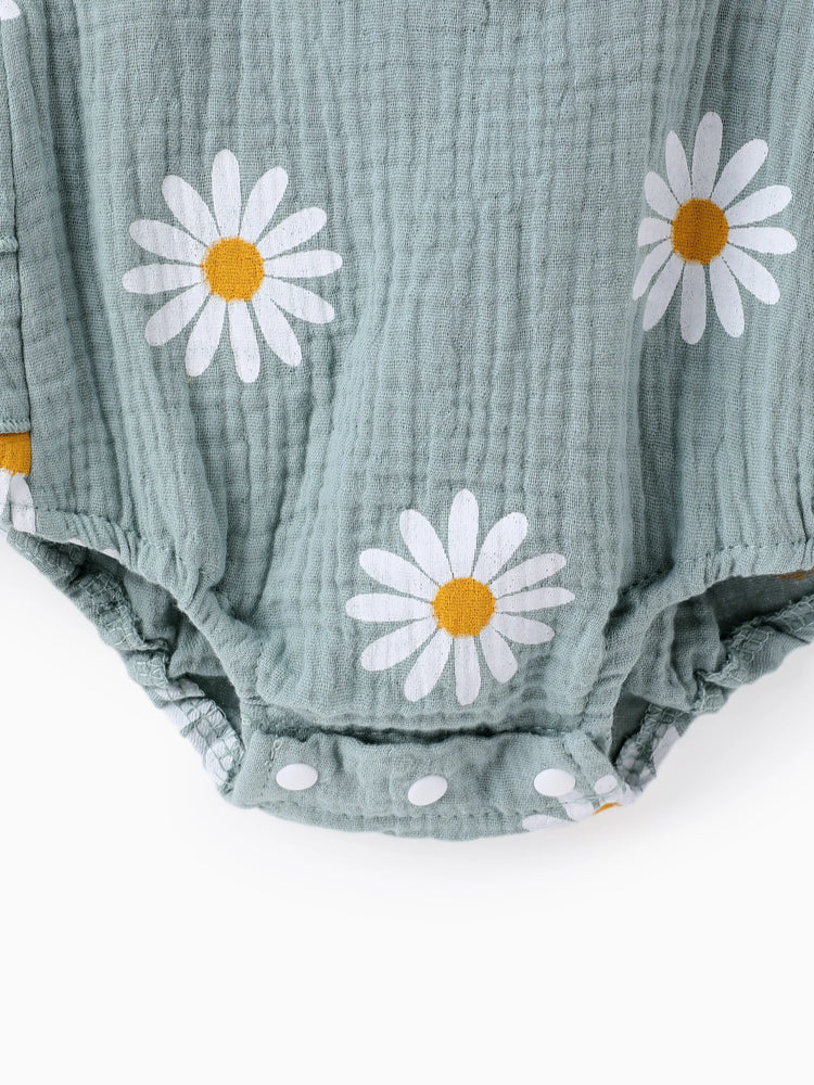 Ensemble 2 pièces en crêpe 100 % coton imprimé marguerites pour bébé, gris bleuté
