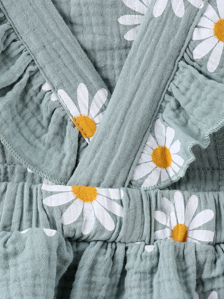 Ensemble 2 pièces en crêpe 100 % coton imprimé marguerites pour bébé, gris bleuté