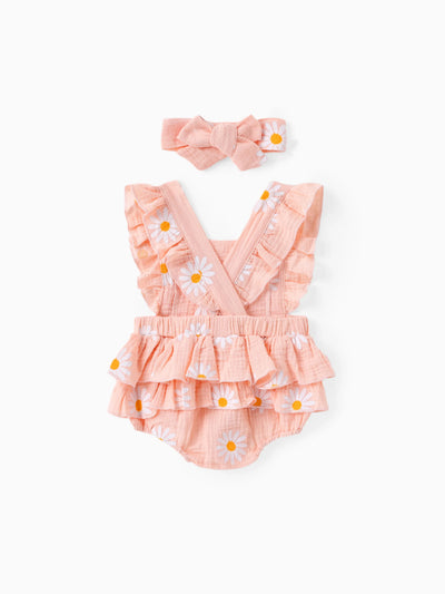100% Cotton 2pcs Daisy Print Crepe Fabric Baby Romper Set Pink