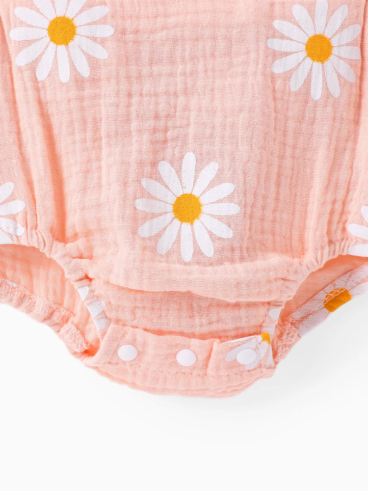 Ensemble 2 pièces barboteuse bébé en crêpe 100 % coton imprimé marguerites rose