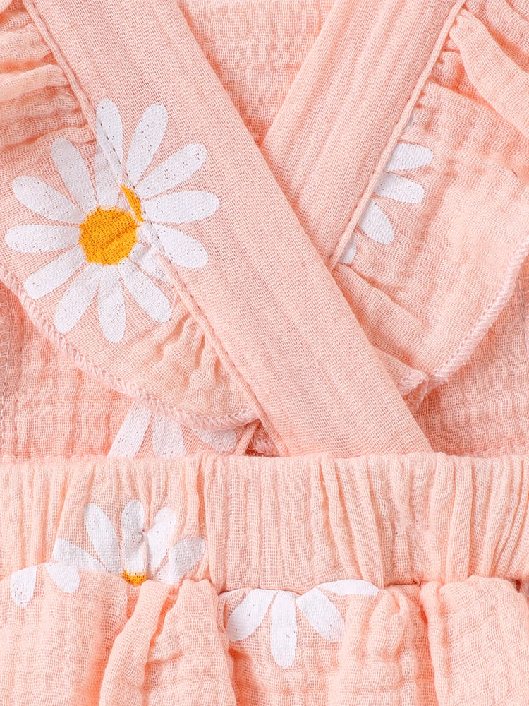 Ensemble 2 pièces barboteuse bébé en crêpe 100 % coton imprimé marguerites rose