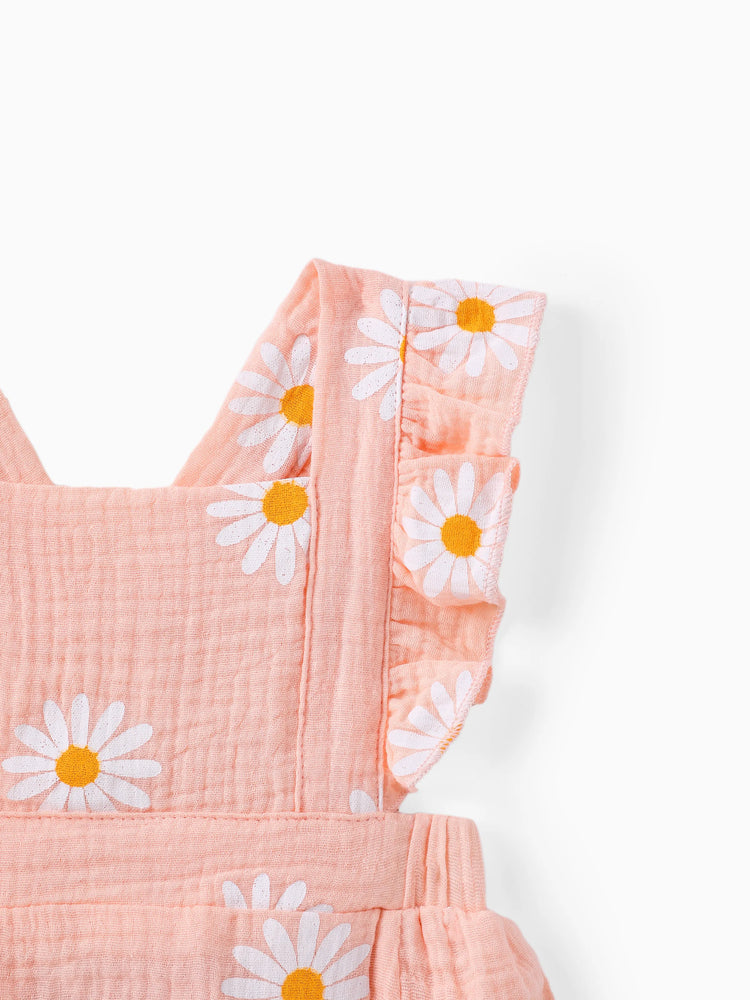 Ensemble 2 pièces barboteuse bébé en crêpe 100 % coton imprimé marguerites rose