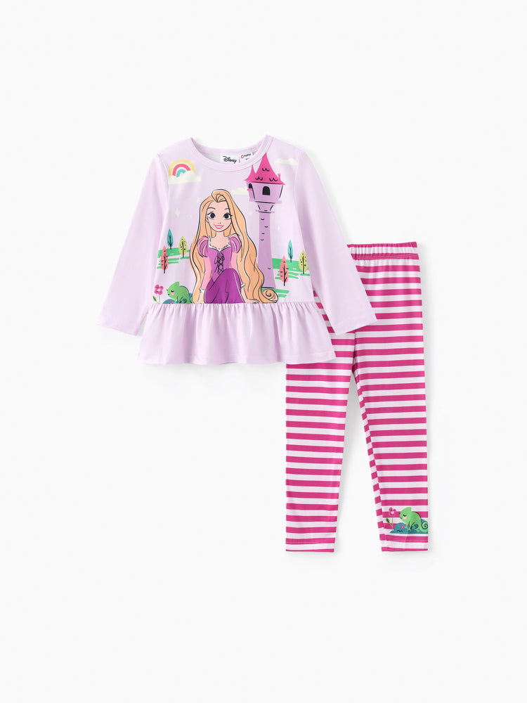 Disney Princess Toddler Girl 2pcs Rapunzel Print Peplum Tee and Stripe Pants Set Light Purple