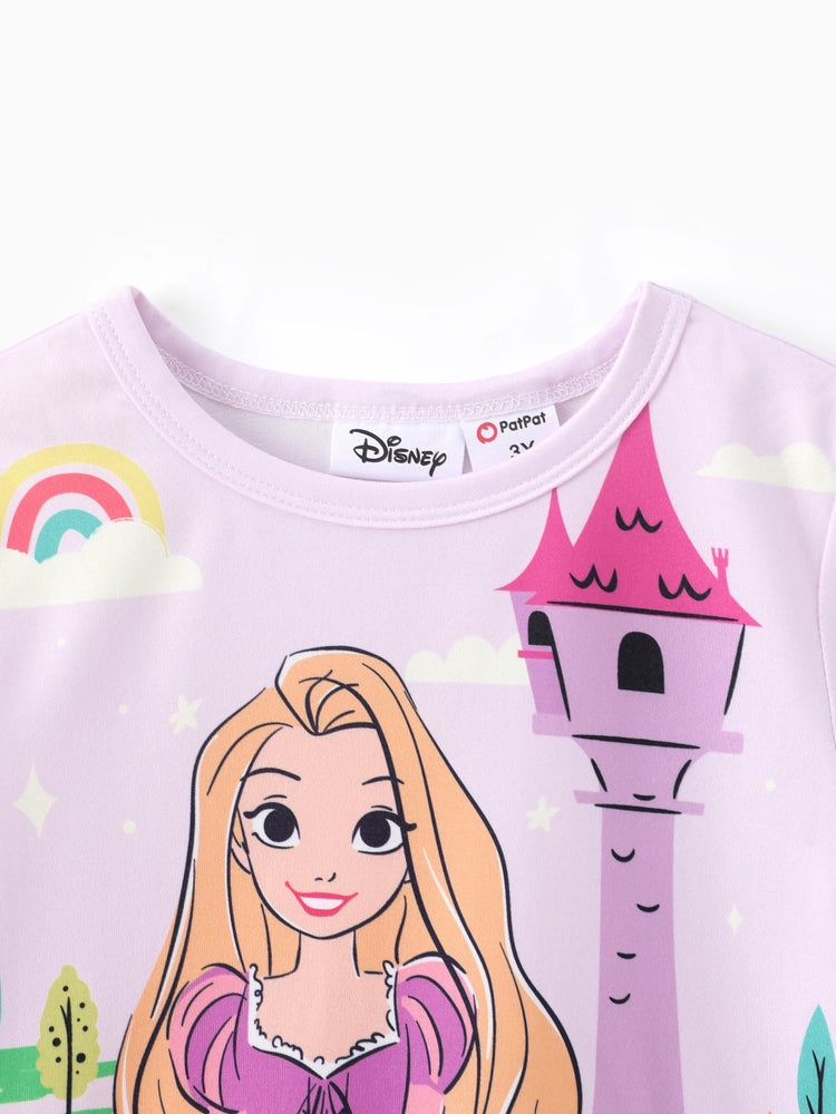 Disney Princess Toddler Girl 2pcs Rapunzel Print Peplum Tee and Stripe Pants Set Light Purple