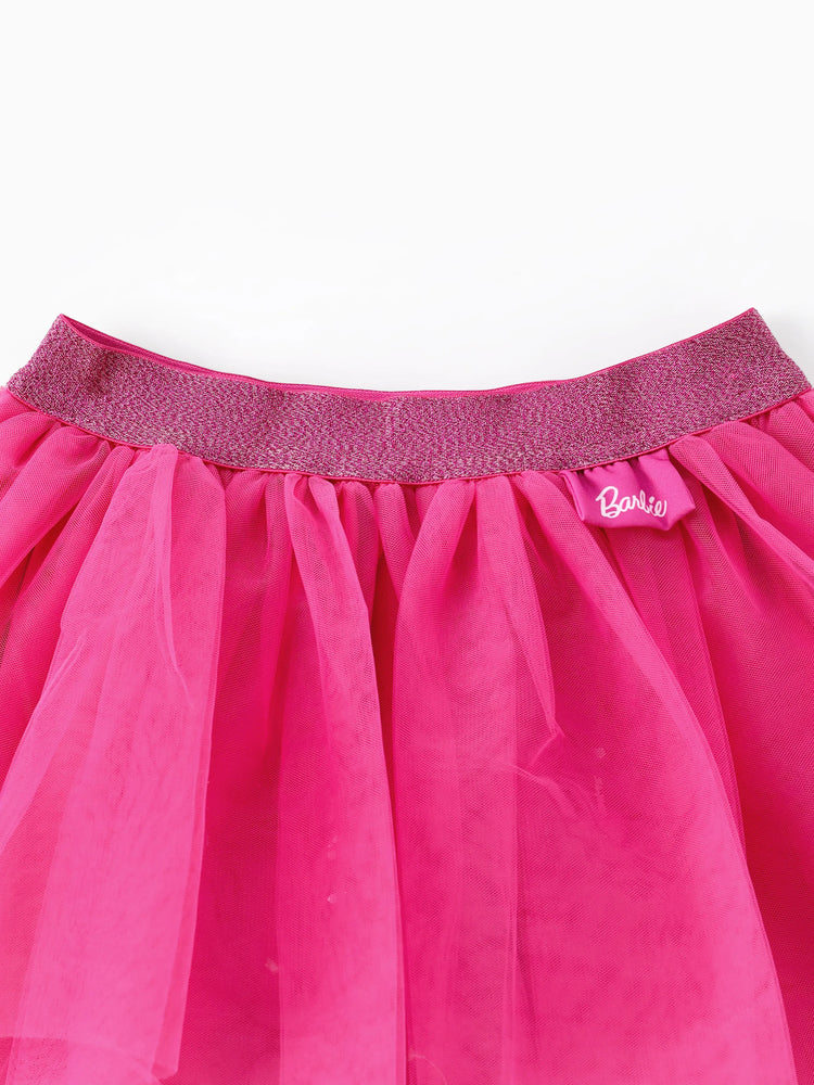 Ensemble t-shirt à manches longues ou jupe en tulle pour petite fille Barbie, rose vif