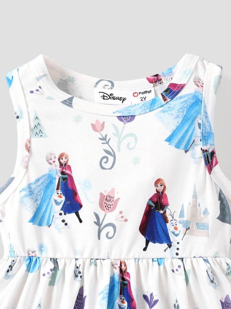 Disney Frozen Elsa & Anna 1pc Naia™ Character Print Ruffled/Sleeveless Dress White