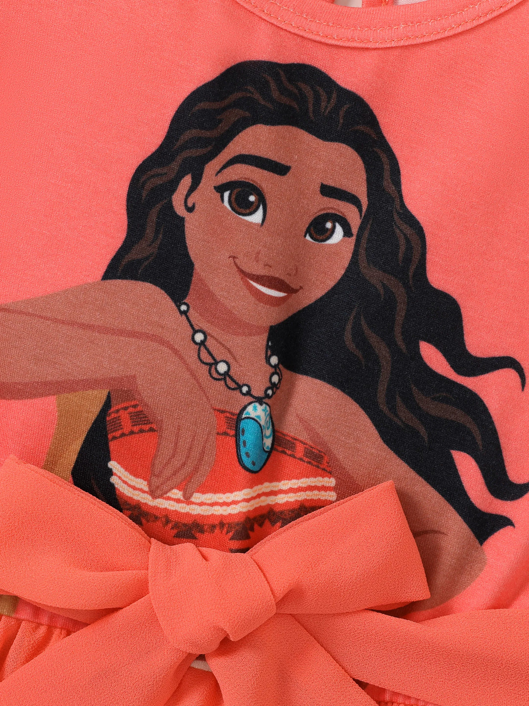 Disney Princess Moana Toddler Girl Character Print Bowknot Mesh Ruffled Romper orangered